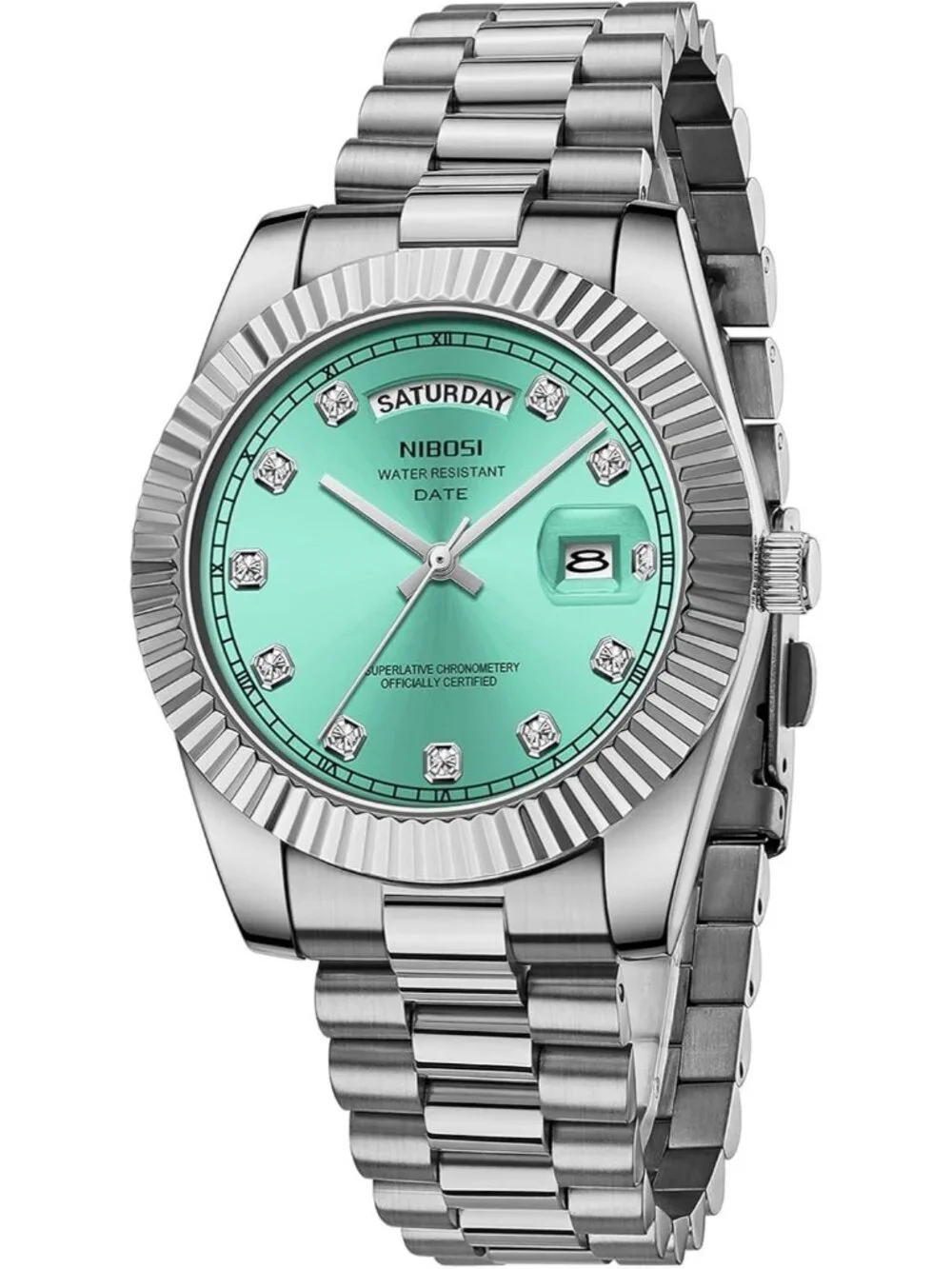 Nibosi Men's Silver Cyan Analog Quartz Stainless Dimond Waterproof Desiger Watch